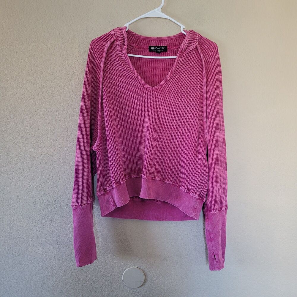 Mac and Me Everyday Vintage Waffle Knit Sweater Size Xlarge Fuchsia Pink V-Neck